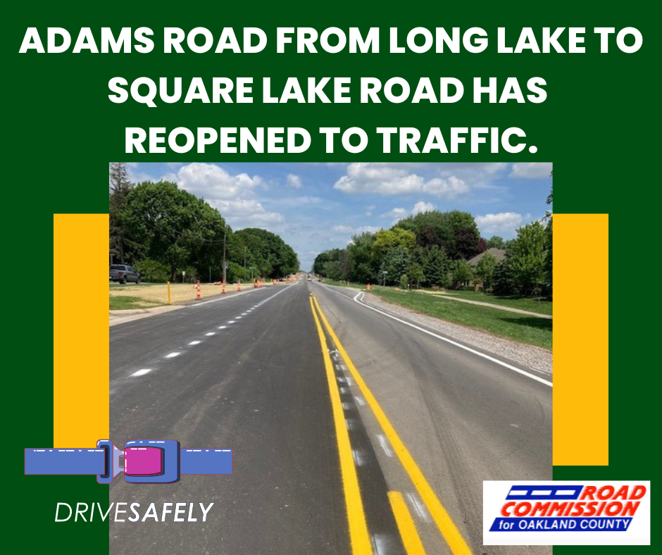 Adams Road is open from Long Lake to Square Lake Rd image with new lane markings