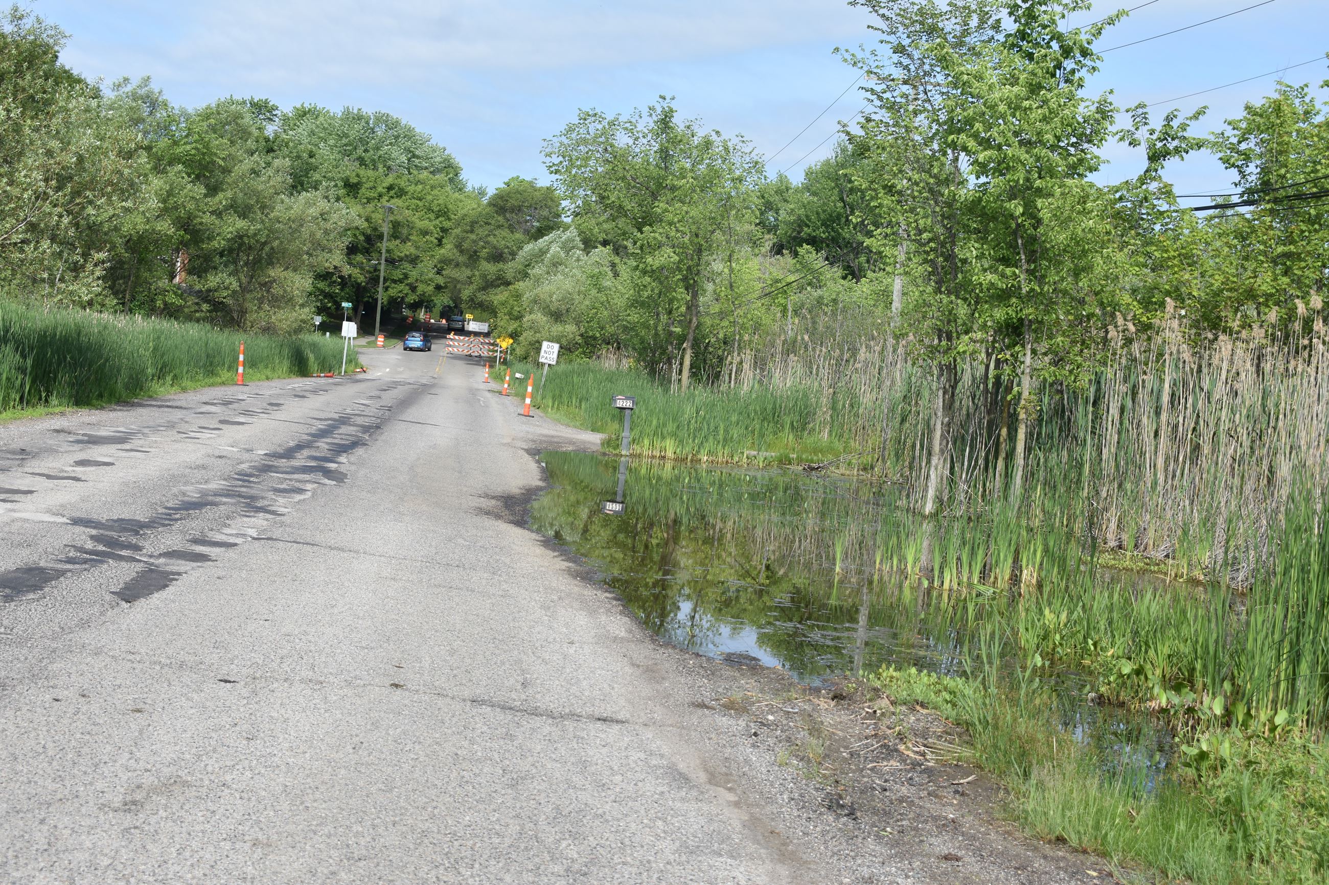 Maybee Road east of Rohr Road with water on road shoulder