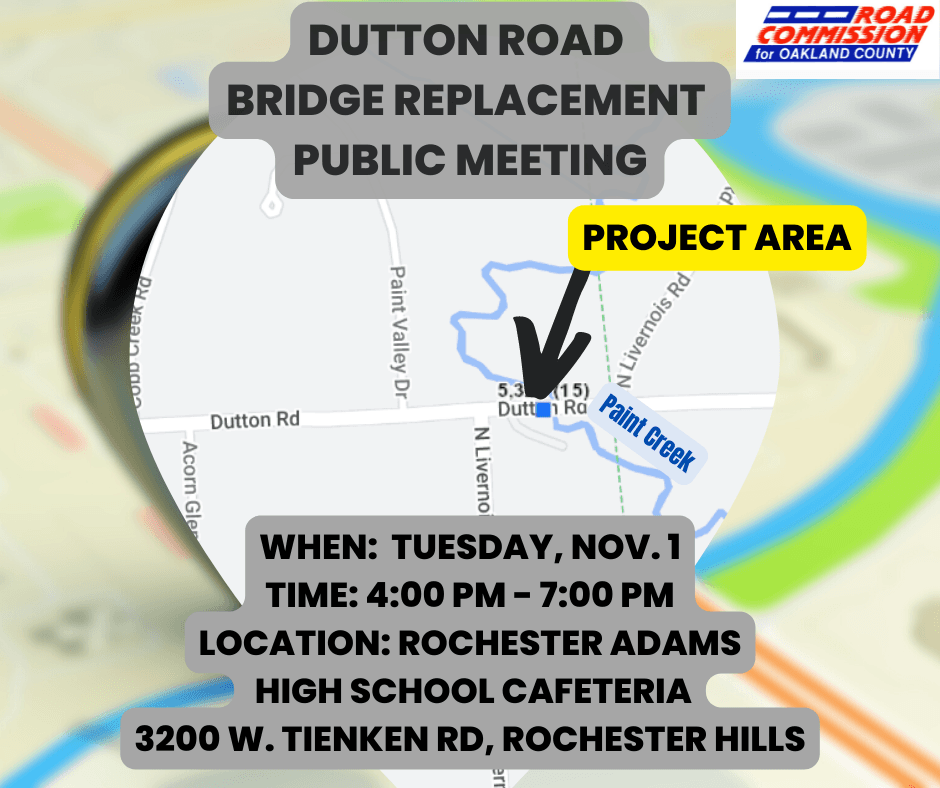 Dutton Road bridge replacement image with Nov. 1 meeting date and location of the bridge