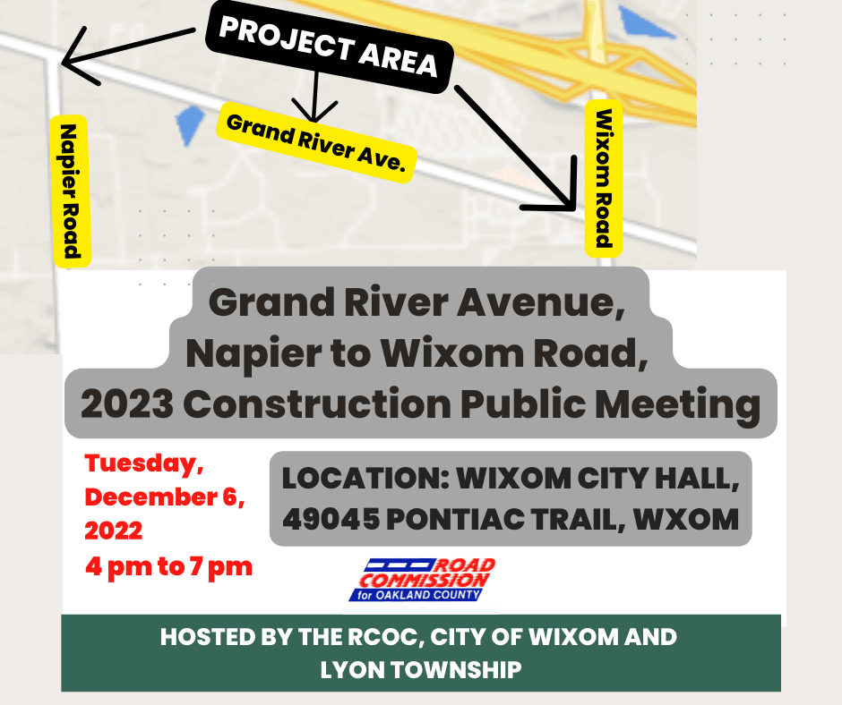 Dec 6 public meeting information for Grand River Avenue, Napier to Wixom, rehabilitation project 