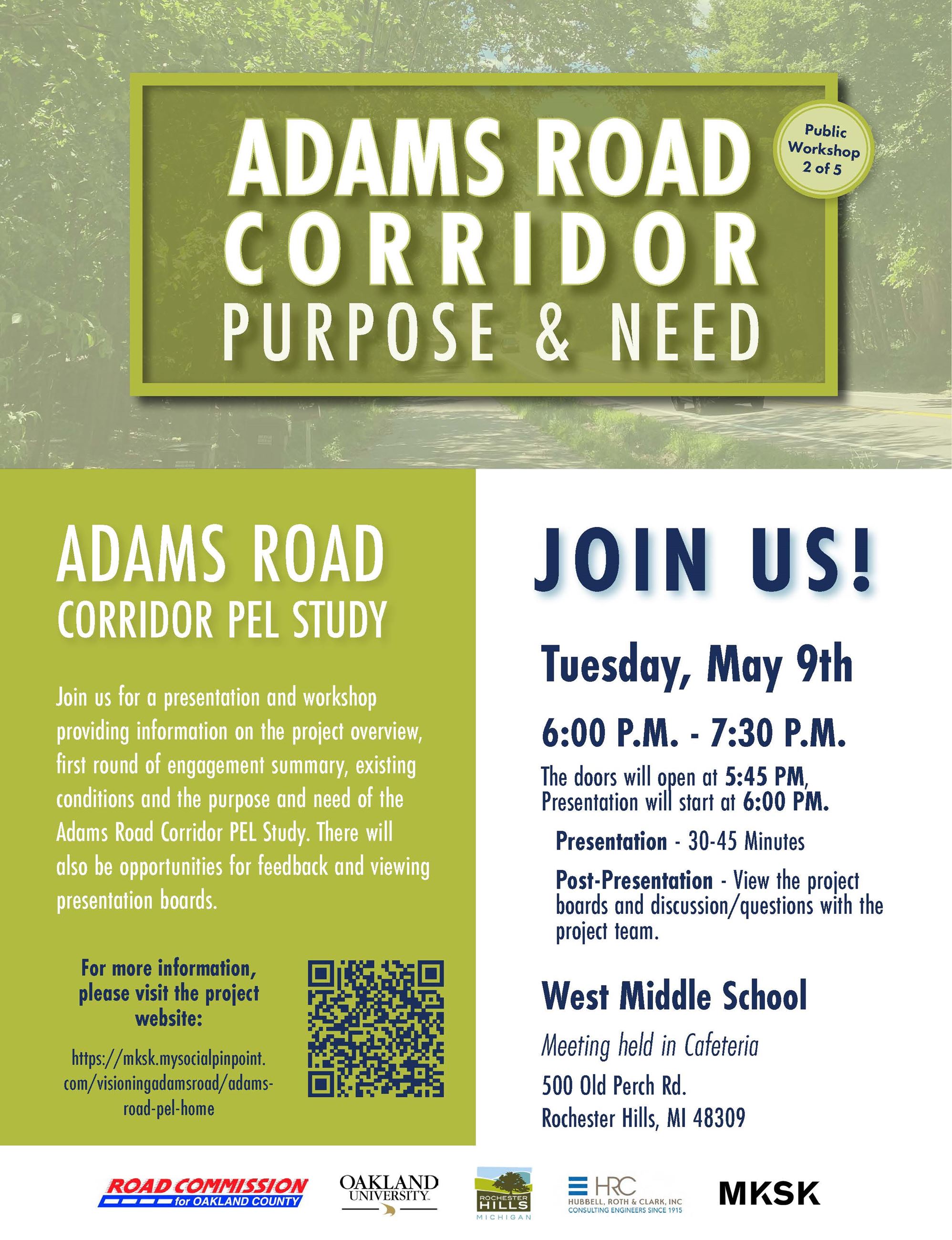 May 9 Second Meeting  Workshop Flyer for the Adams Road corridor PEL study 