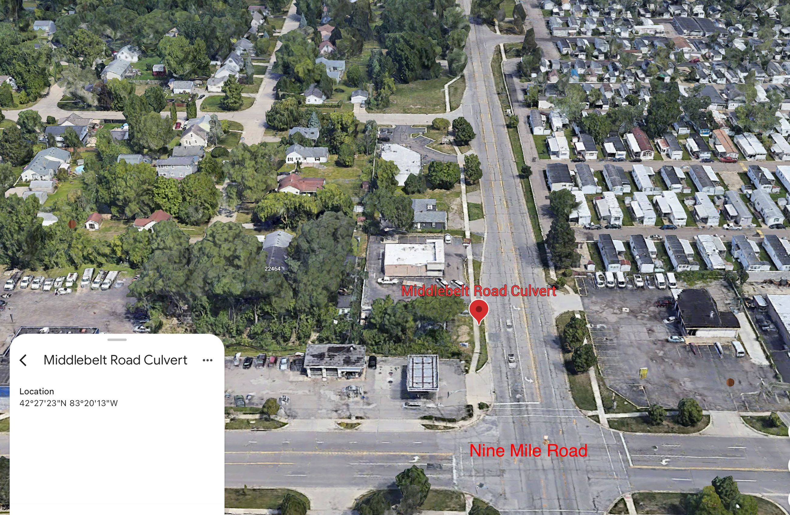 Middlebelt Road culvert location, just north of Nine Mile Road