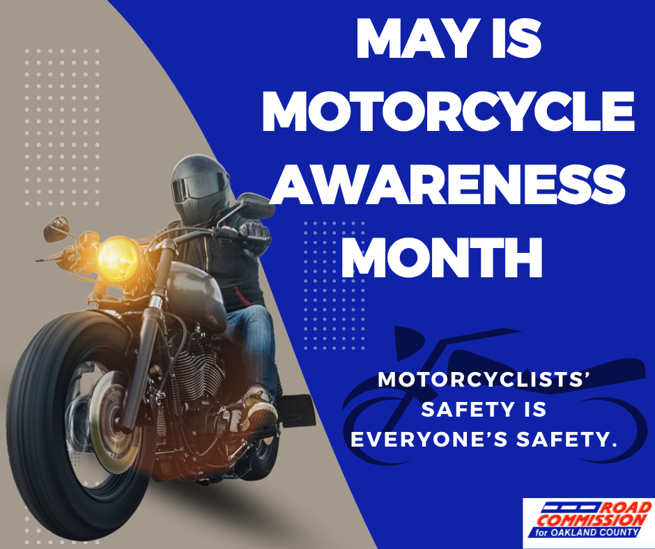May is MOTORCYCLE AWARENESS Month image of a rider on motorcycle wearing a helmet