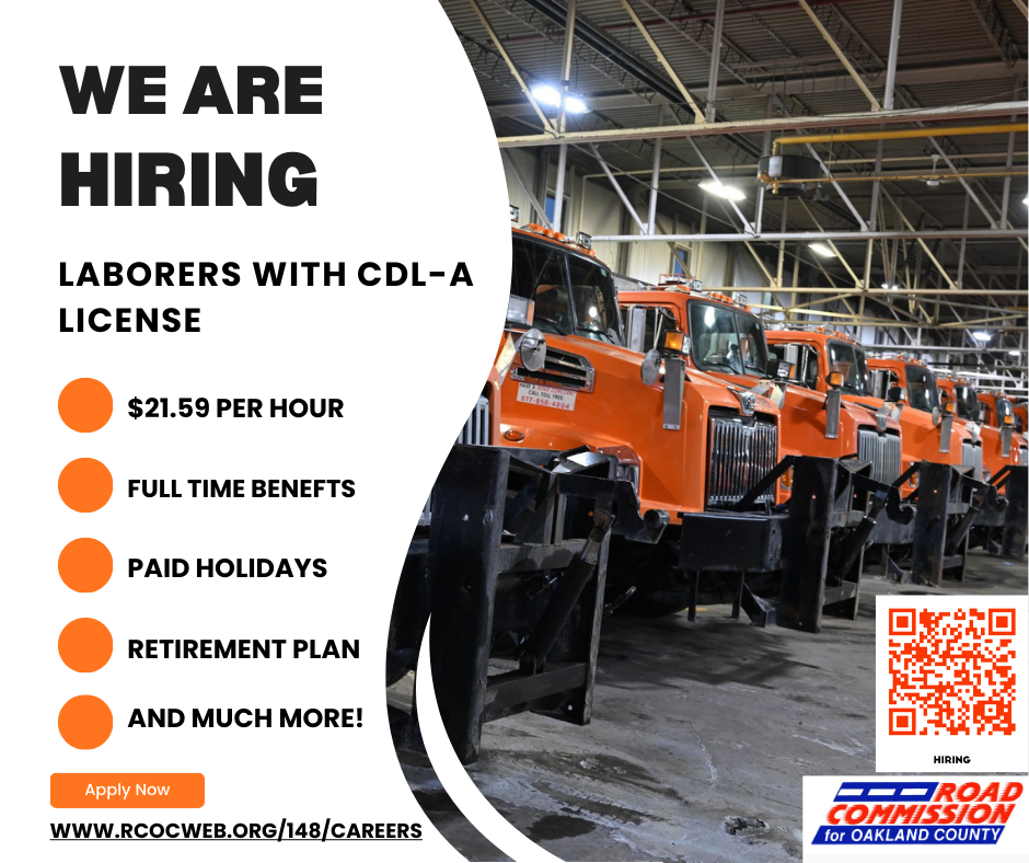 Road Commission is hiring Laborers with CDL-A license image with orange trucks in photo 
