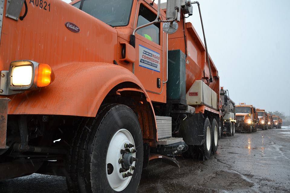 RCOC salt trucks line up at the Southfield garage salt dome