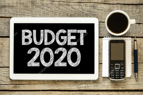2020 budget image with calculator, pen and coffee