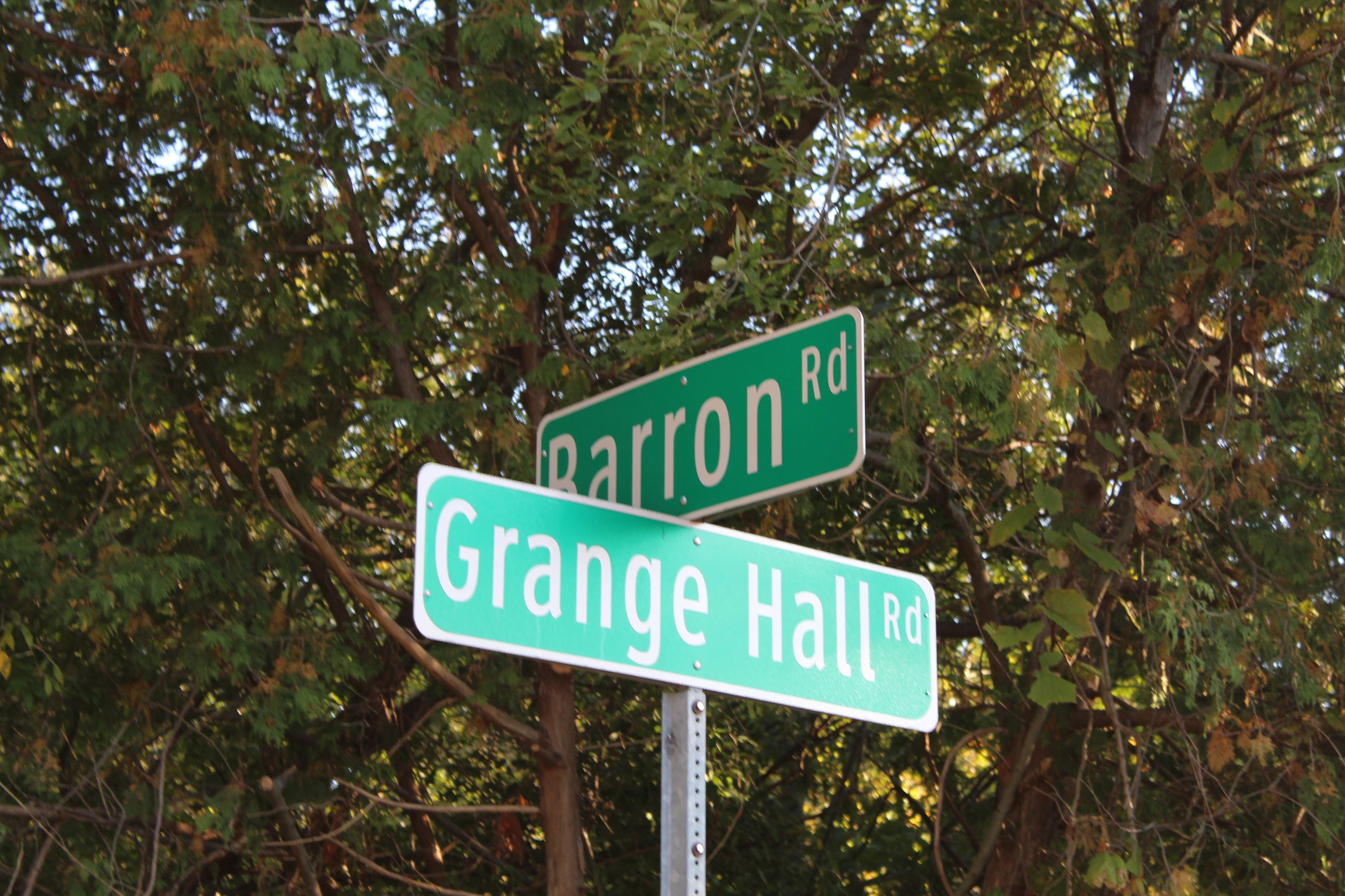Barron Road and Grange Hall Road sign